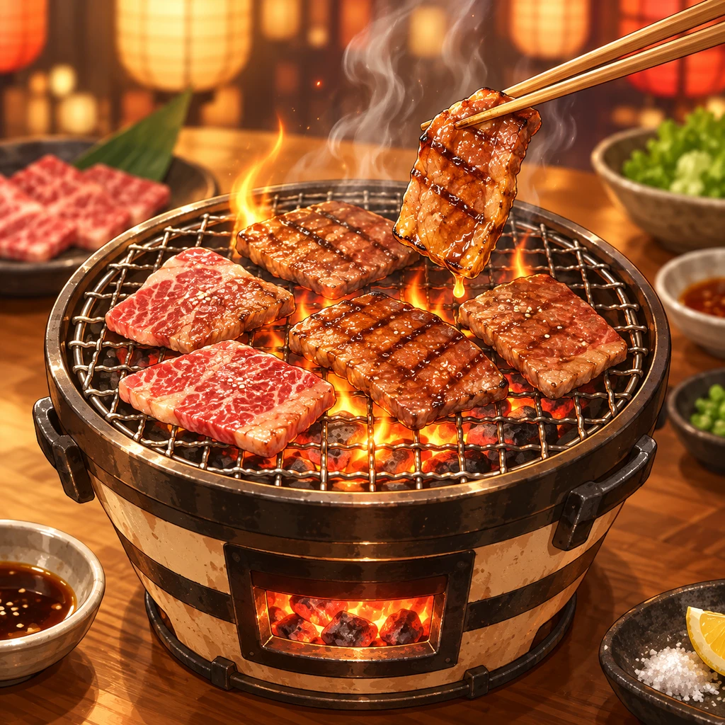 網で香ばしく肉を焼く紹介イラスト