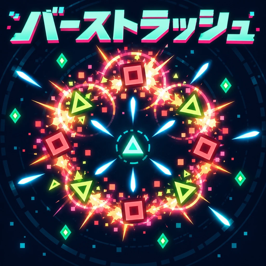 ミント色の自機と連鎖する爆発を描いた紹介イラスト