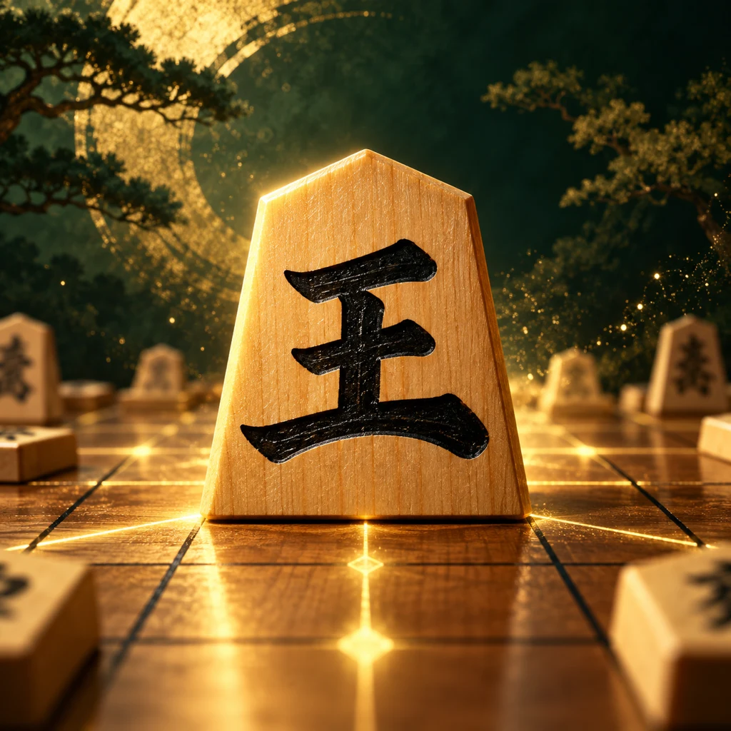 木の王将と金色の将棋盤を描いた最強将棋の紹介イラスト