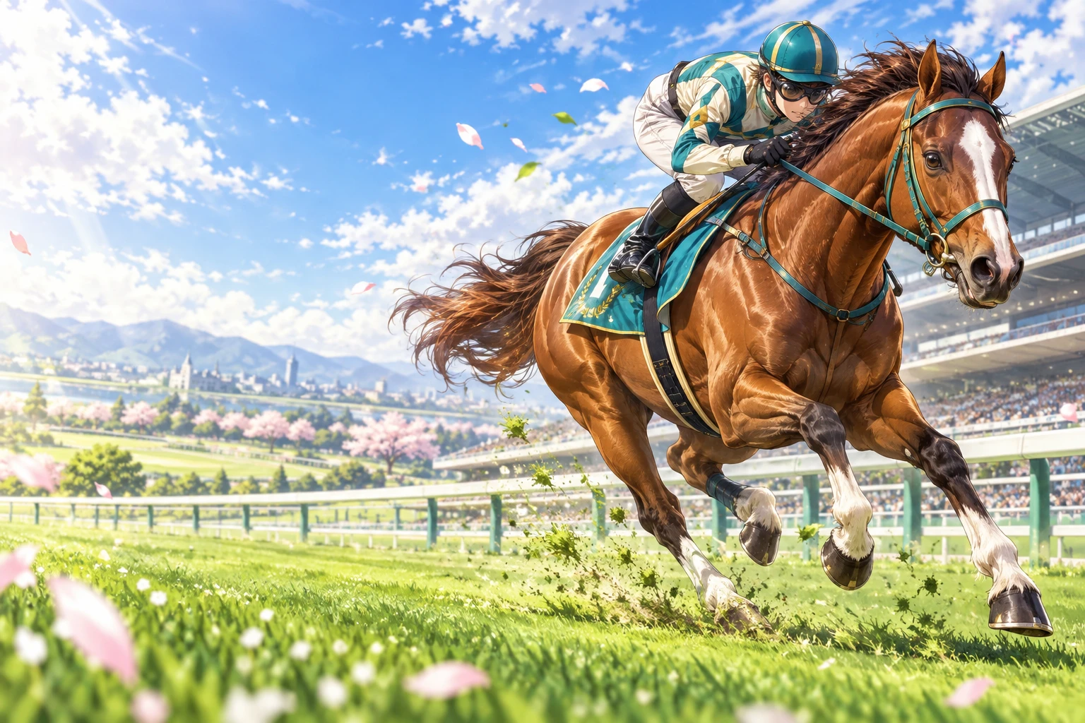 緑と金の馬具をつけた栗毛の愛馬と、競馬場を駆ける騎手のアニメイラスト